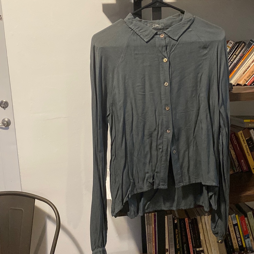 Retro 80s Italian Designer Dark Teal/Green Button down long sleeve shirt. Size S